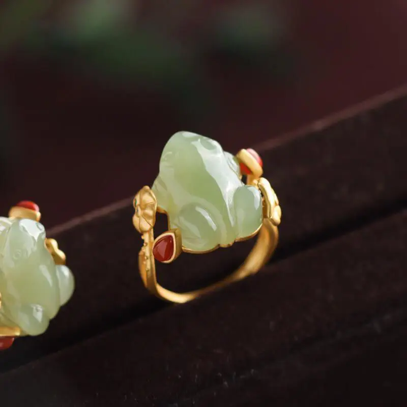 Sterling Silver Ring - Grüne Jade Frosch Ringe Charms Natürliche