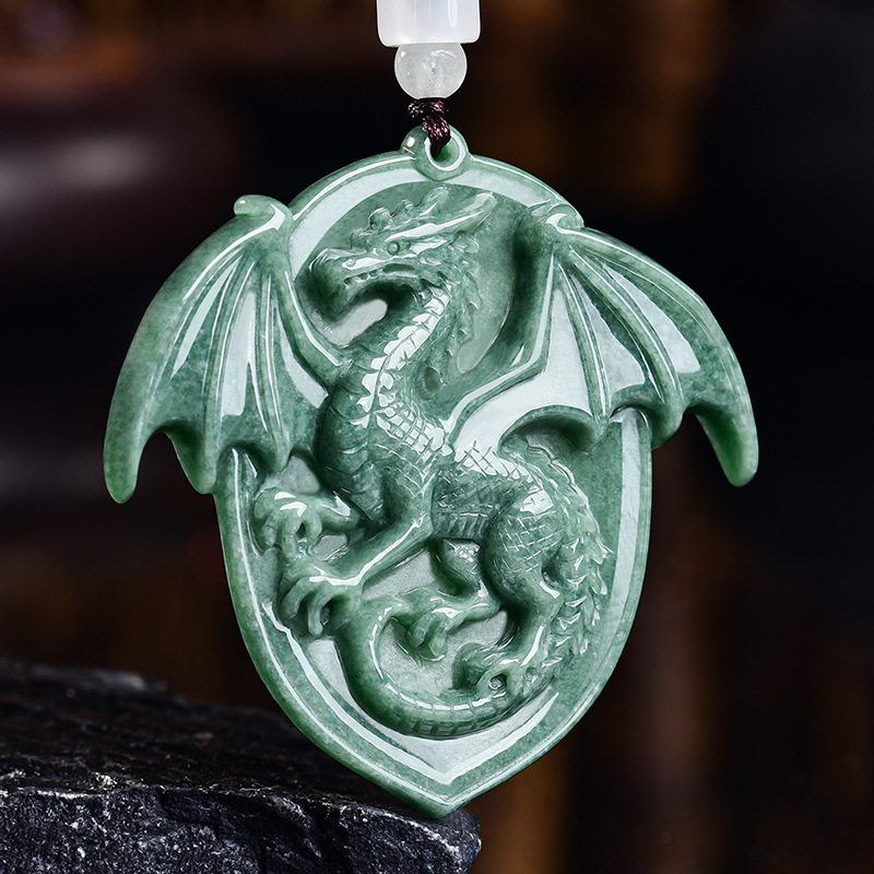 Jewelry & Watches Vitopoulos - Natürliche burmesische Jadeit-Drachen-Anhänger-Halskette, Edelstein-geschnitztes Amulett, Vintage-Luxus,